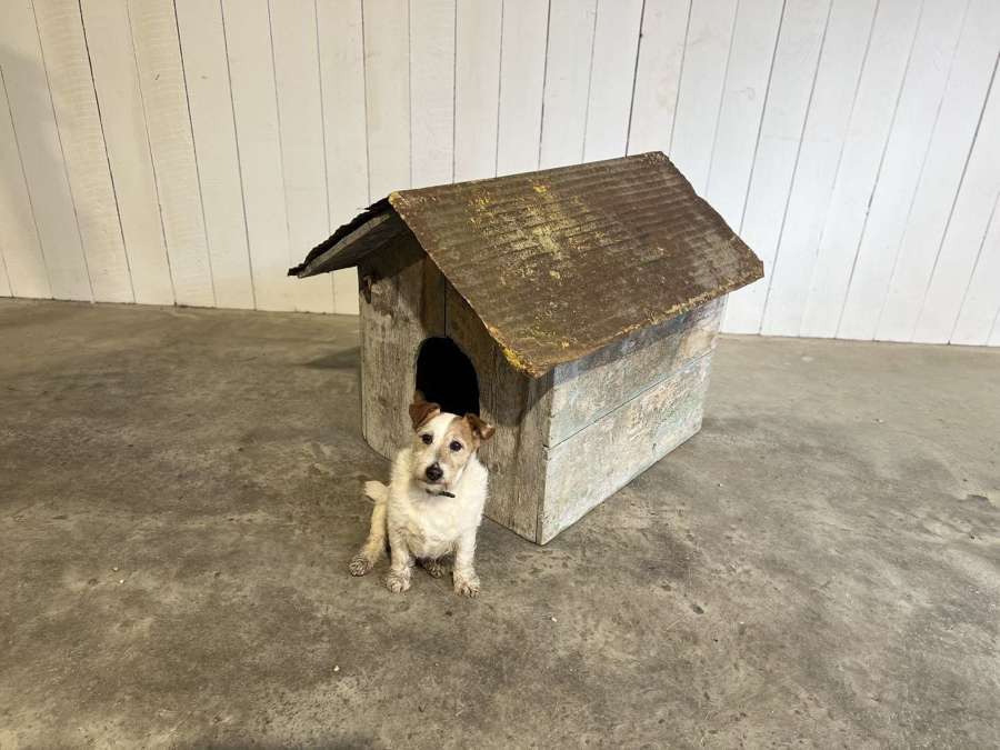 Painted pine dog kennel with original paint and iron tether circa 1840