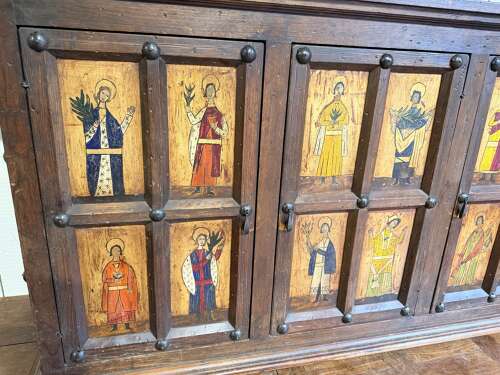 English pine panel side cabinet painted with eclesiastical images