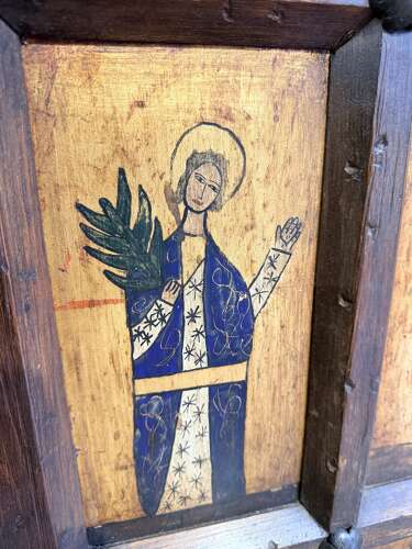 English pine panel side cabinet painted with eclesiastical images