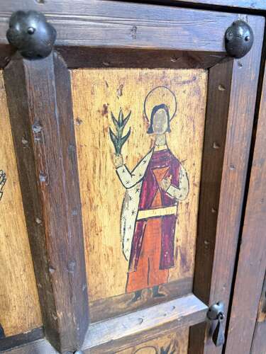 English pine panel side cabinet painted with eclesiastical images