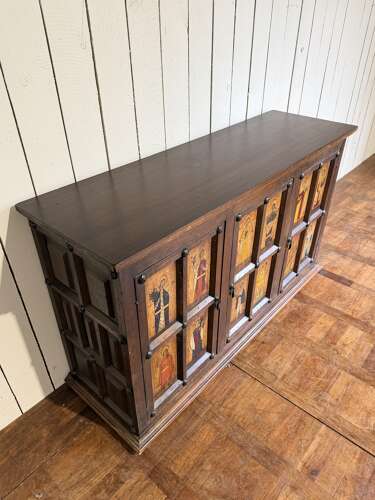 English pine panel side cabinet painted with eclesiastical images