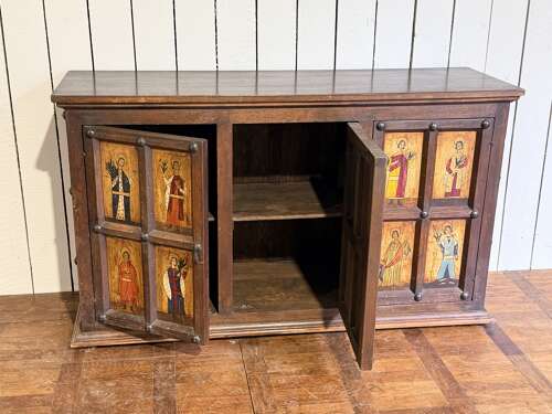 English pine panel side cabinet painted with eclesiastical images