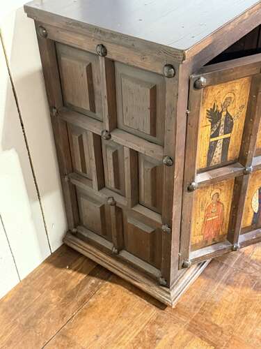 English pine panel side cabinet painted with eclesiastical images