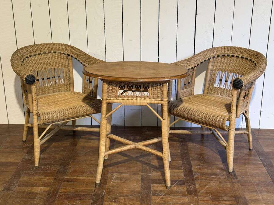 1920s wicker conservatory set -pair of chairs & oak top table France 1920