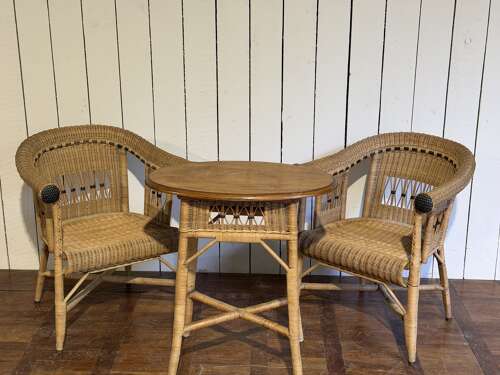 1920s wicker conservatory set -pair of chairs & oak top table France 1920