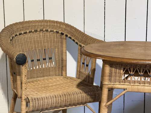 1920s wicker conservatory set -pair of chairs & oak top table France 1920